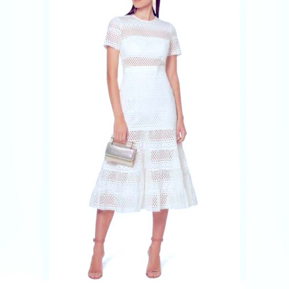 Self-Portrait White Bea Guipure Embroidery Lace Midi Dress